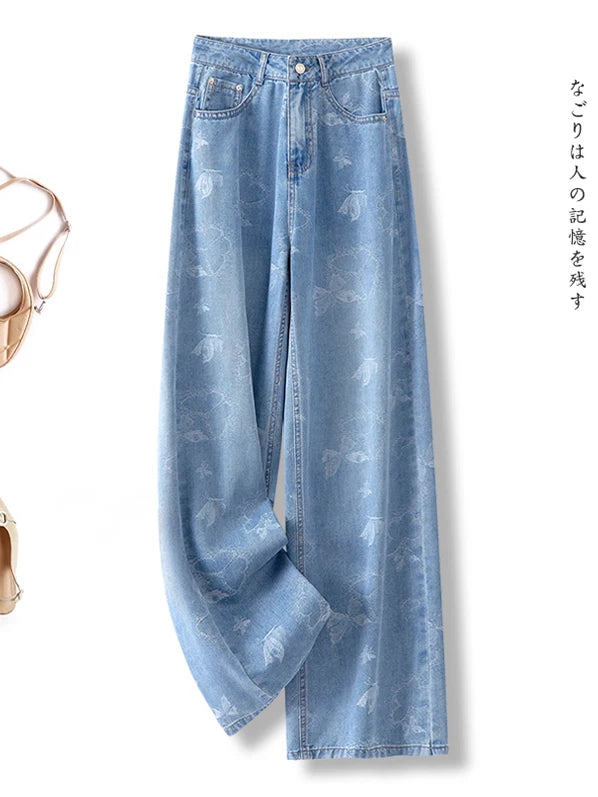 蝴蝶提花阔腿牛仔裤女2026夏季薄新款高腰显瘦宽松垂感休闲直筒裤