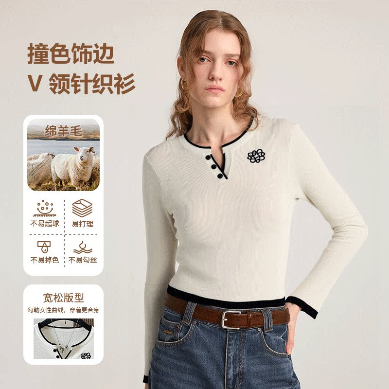 [Mina Exclusive] Sheep wool flower embroidery contrasting color trim V-neck knitted shirt M2506058