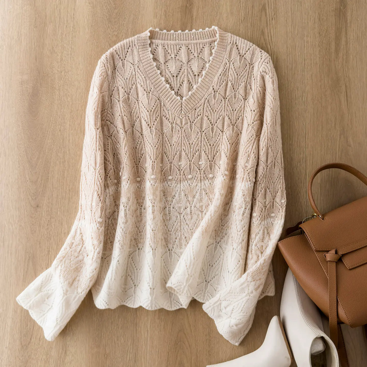Gradient Baby Star Soft and Luxurious 100% Wool Openwork Crochet V-Neck Knit Sweater – So Beautiful!