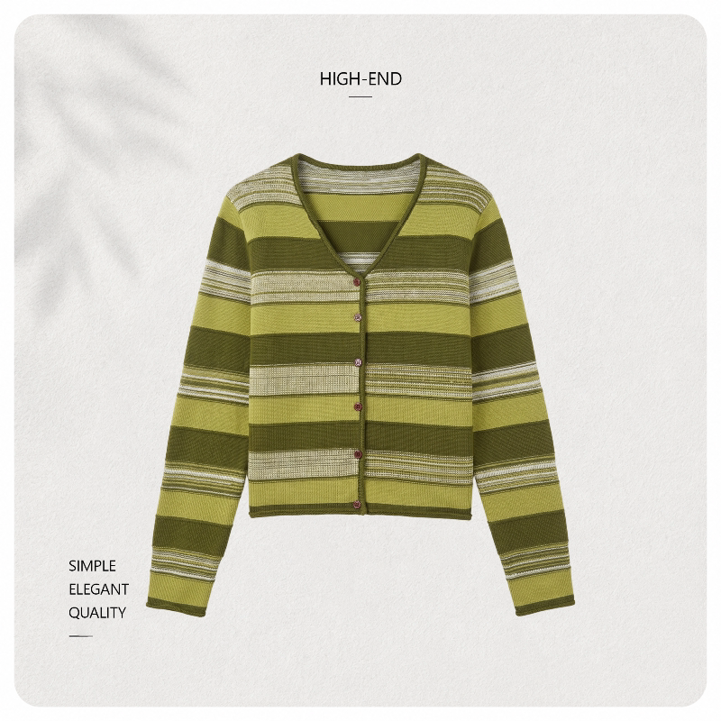 [Bin Bin Exclusive] Wool Korean foreign-style contrasting striped V-neck knitted sweater 263492