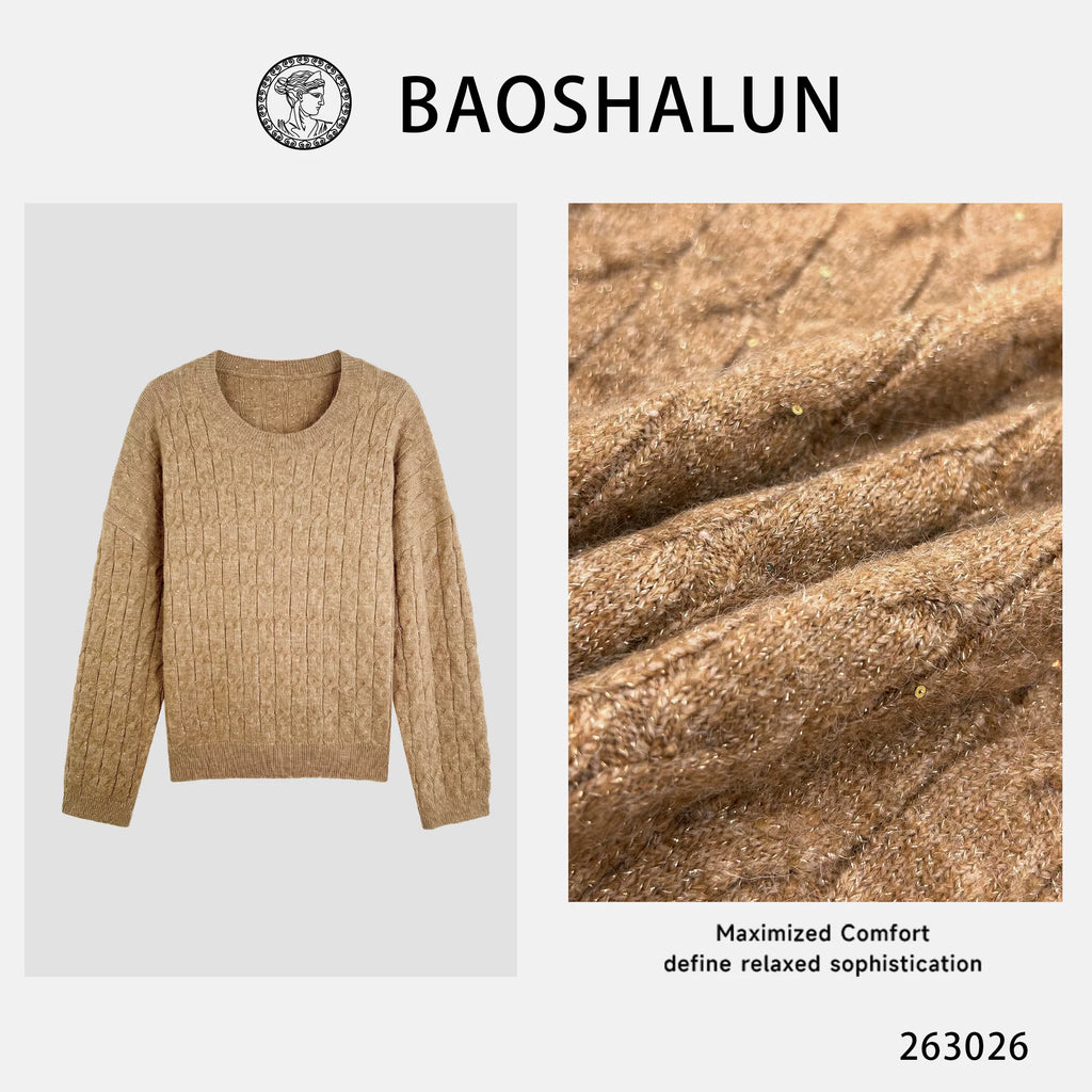 [Mina Exclusive] [Caramel Flash Weaving] Wool gilt fine flash round neck twist knitted sweater 263026