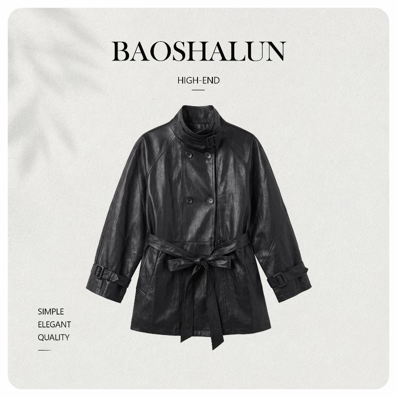 【Black Storm Shadow】Black Stand-Collar Double-Breasted Lace-Up Waist-Cinched Leather Jacket 263381
