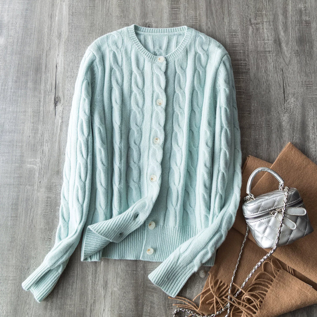 "Laf Cable-Knit Collection" Old Money Style Thickened 100% Wool Classic Cable-Knit Cardigan-Style Crew-Neck Knit Sweater