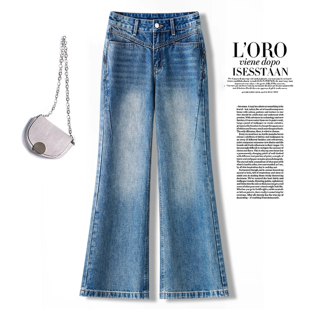 Korean small man high waist slightly pulled jeans women's 2026 autumn new models do not stick to the legs and look thin versatile horn pants