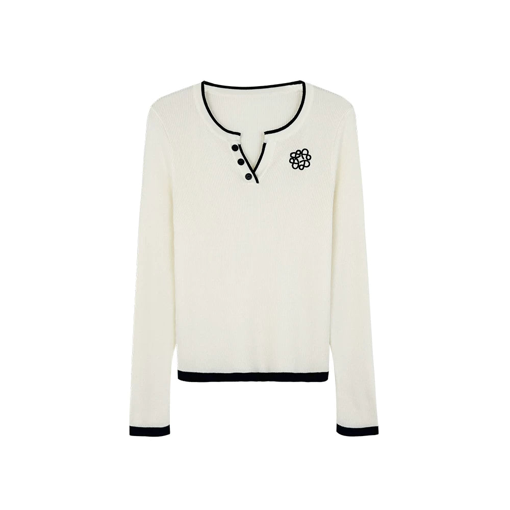 [Mina Exclusive] Sheep wool flower embroidery contrasting color trim V-neck knitted shirt M2506058