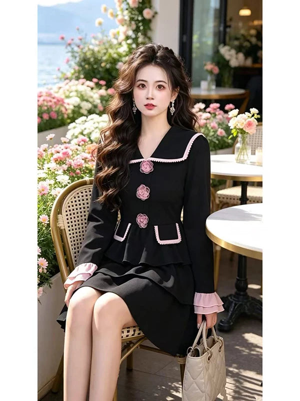Ruirui Custom [Rose Rendezvous] Wide-Notch Collar Color-Blocked New Versatile Fashion Lightweight Luxury Dress D11669