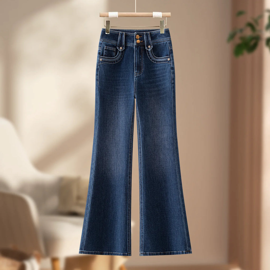 High-quality four-sided elastic high-waisted micro-pull jeans women's 2026 autumn new small slim-fitting and thin flared pants
