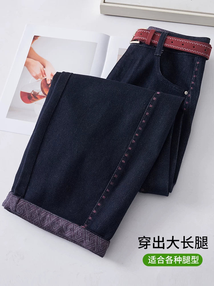 设计感明线高腰弯刀牛仔裤女2026秋季新款宽松卷边显瘦阔腿直筒裤
