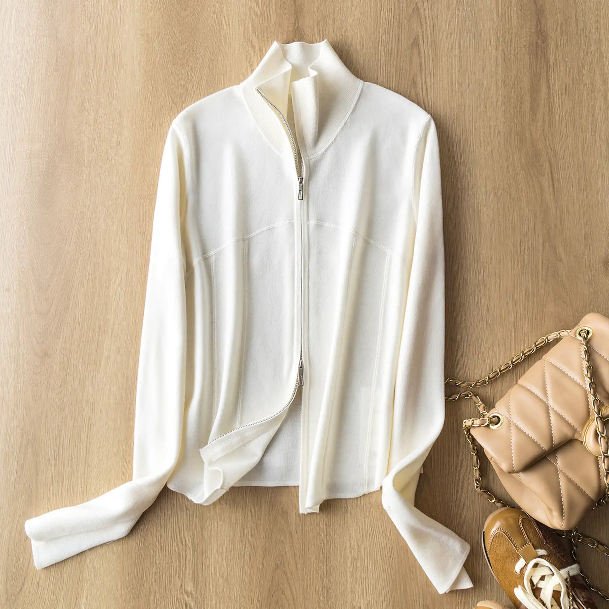 Casual Versatile 80-Count Ultrafine Merino Wool Zip-Up Stand-Collar Knit Cropped Cardigan Jacket