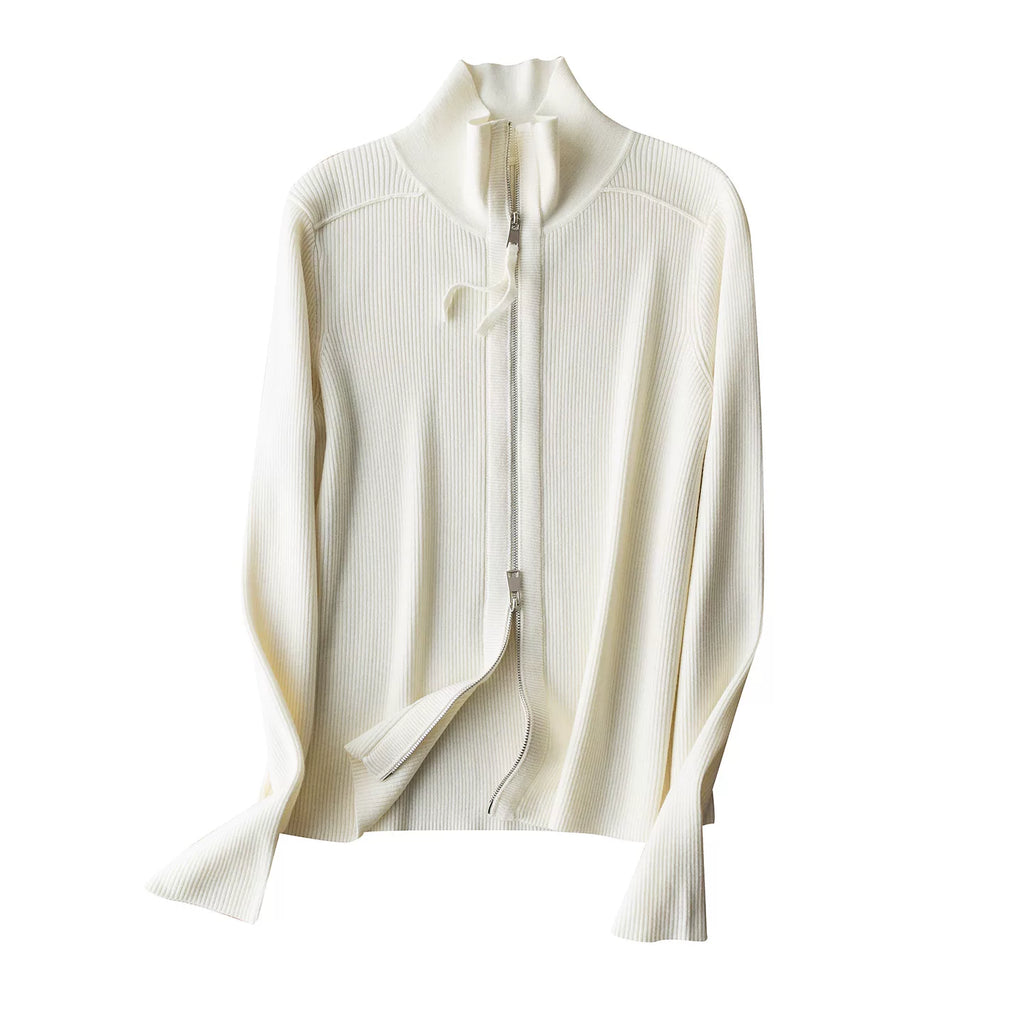 High-end quality stand-collar zip-up knit cardigan short jacket elegant versatile slimming wool base layer top trendy
