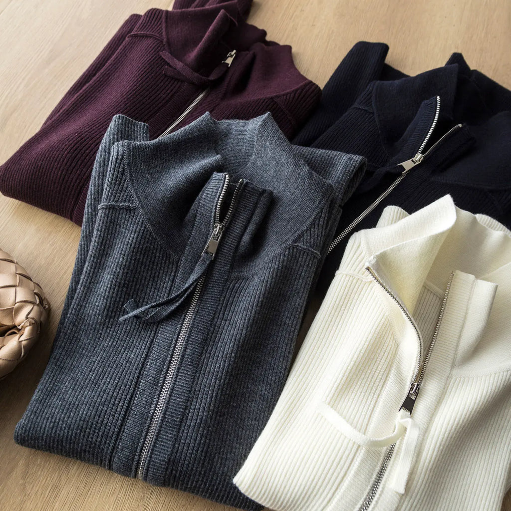 High-end quality stand-collar zip-up knit cardigan short jacket elegant versatile slimming wool base layer top trendy