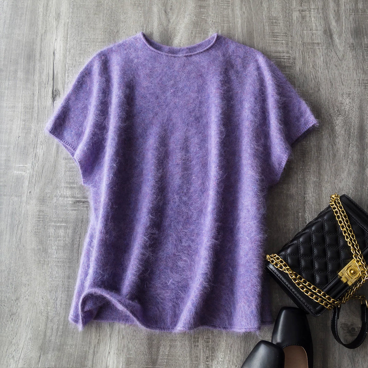 Early Bird Perk~Cloud Napping~Seamless One-Piece Silk Cashmere Wool Brushed Curly-Hem Crew Neck Short-Sleeve Knit Top