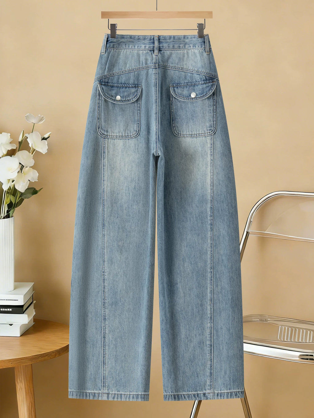 American retro washed tooling jeans women's 2026 spring and summer new multi-pocket high-waisted loose hip-covering wide-leg pants