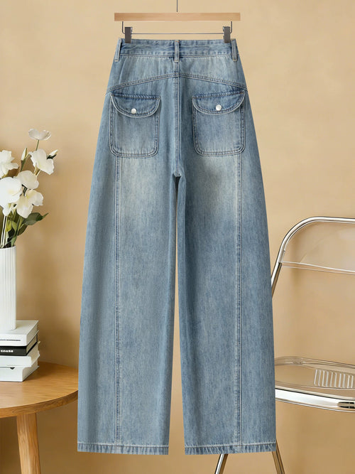 American Retro Washed Tooling Jeans Women's 2026 Spring/Summer New Multi-Pocket High-Waisted Loose Hip-Covering Wide-Leg Pants