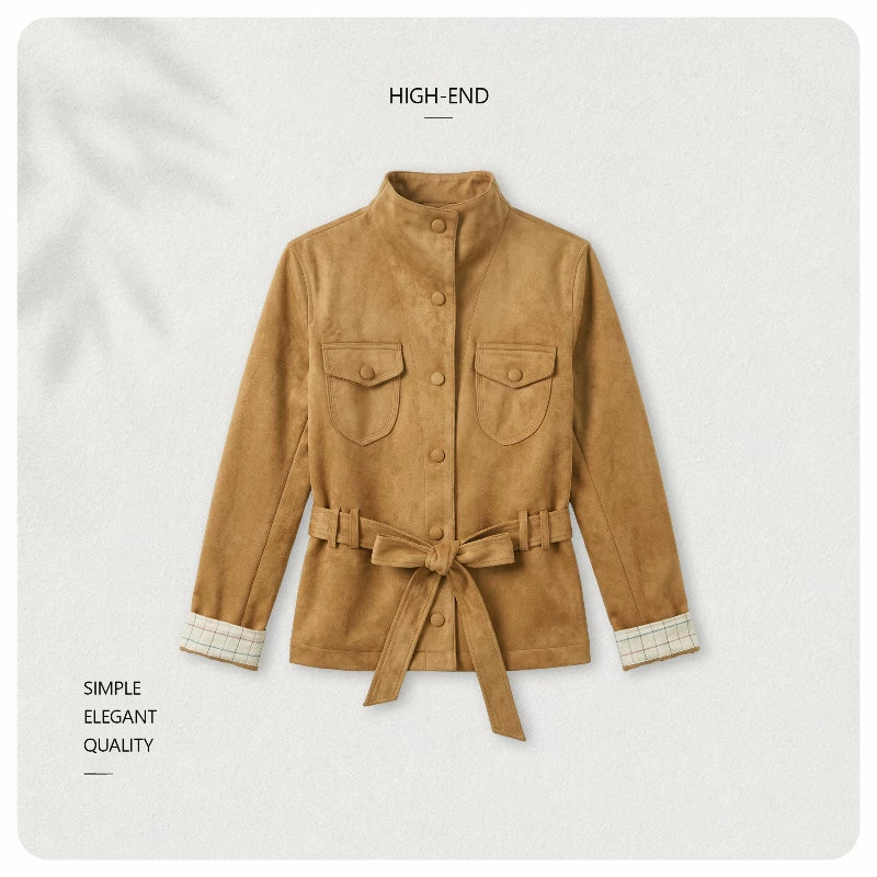 [Valkyvia/Yoyo] Vintage stand-up collar lace-up waist plaid flanged temperament jacket 6379
