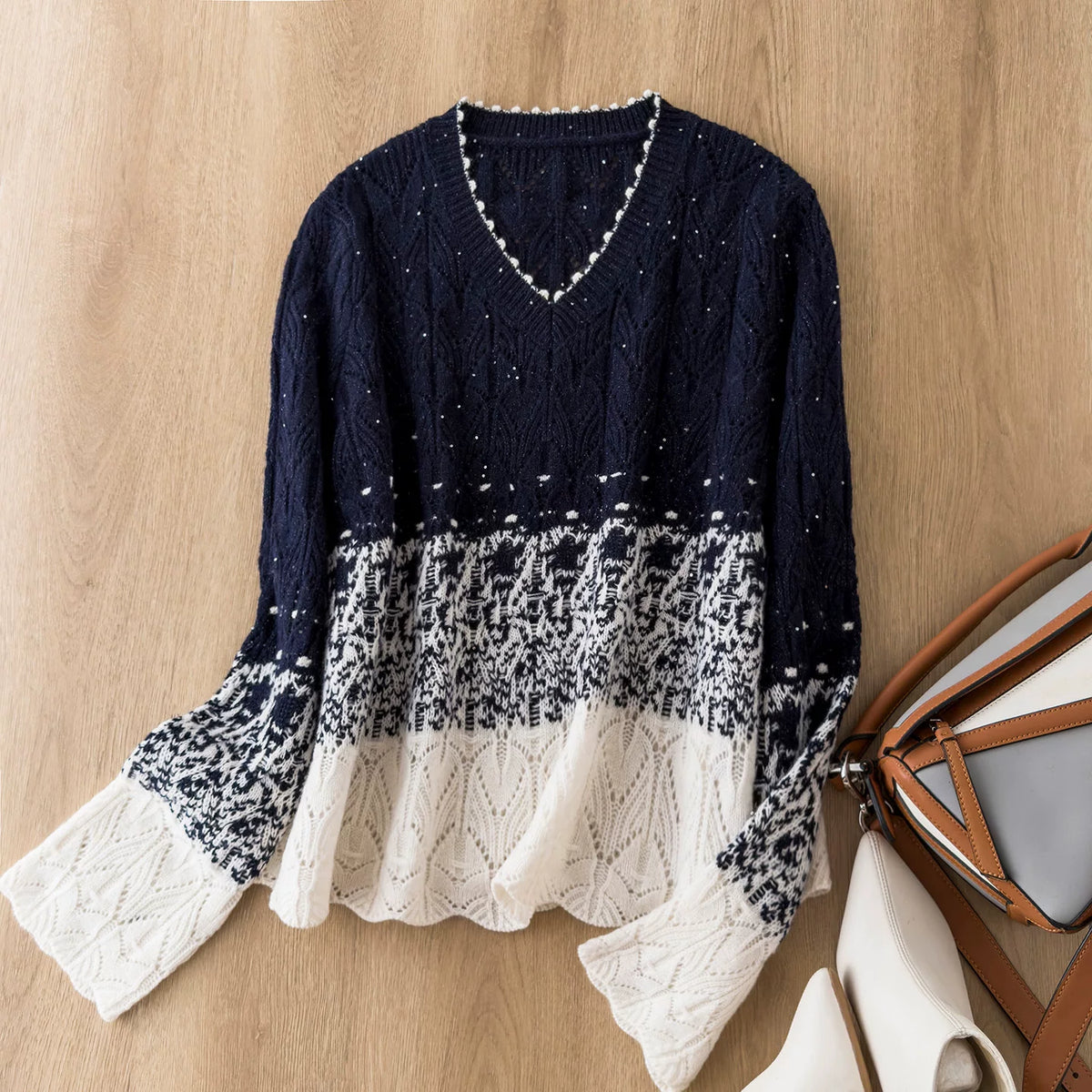 Gradient Baby Star Soft and Luxurious 100% Wool Openwork Crochet V-Neck Knit Sweater – So Beautiful!