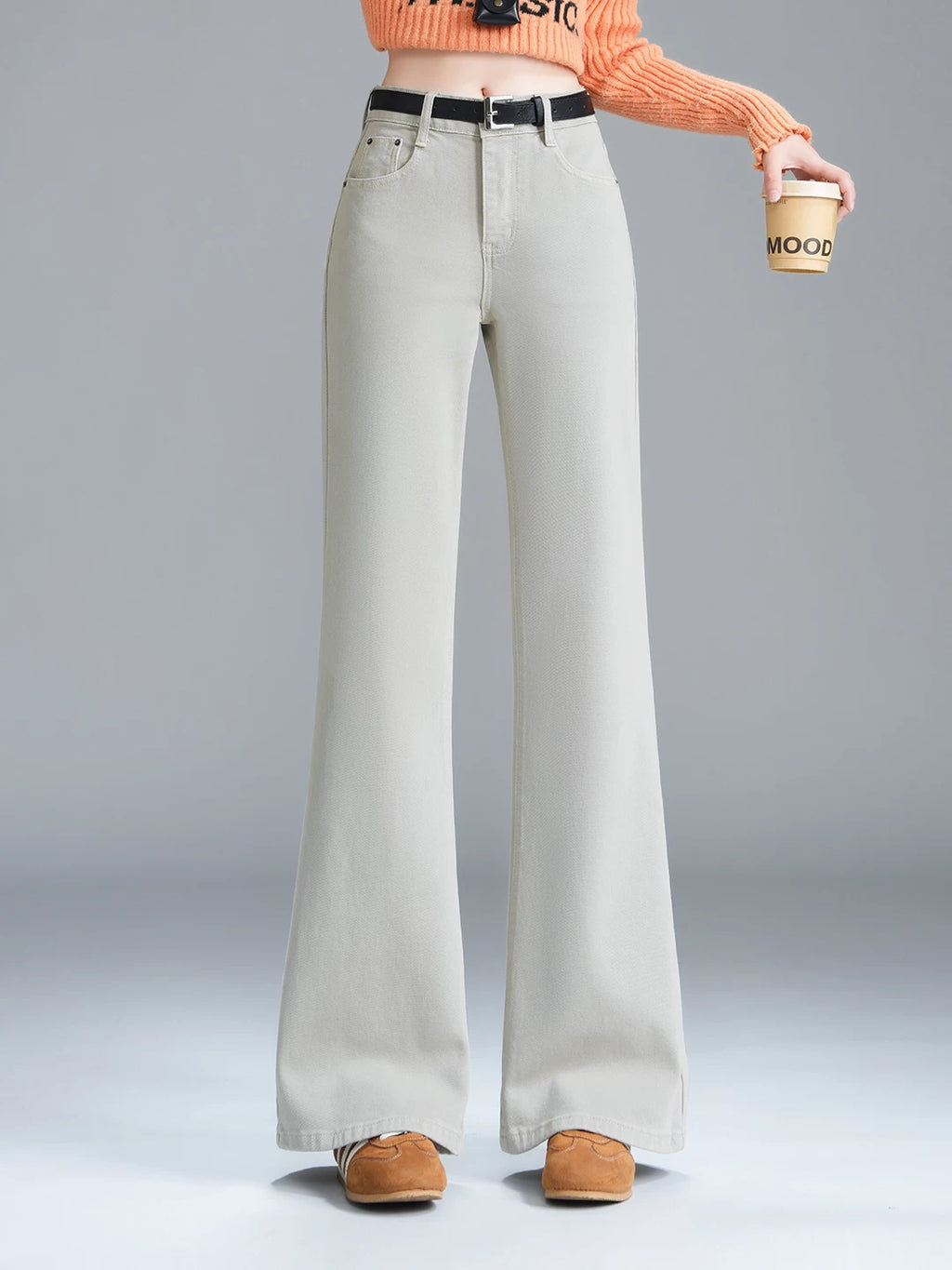 Coffee color does not stick to the legs, thin and slightly pulled jeans for women's 2026 autumn new Korean version of high-waisted slim-fitting elastic flared pants