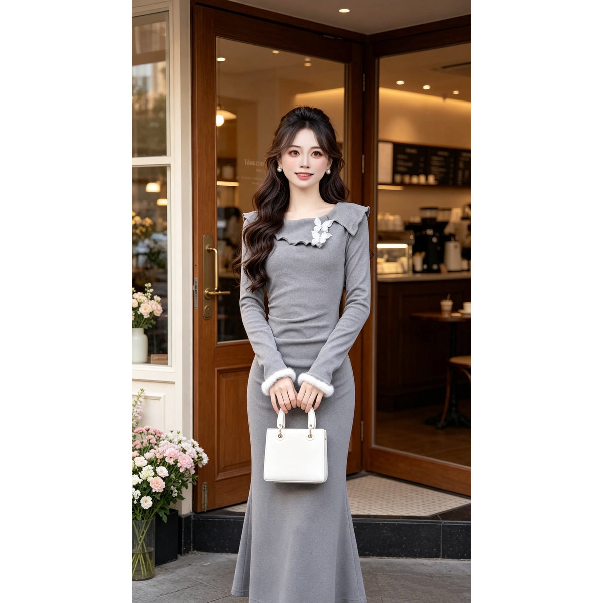 瑞瑞定制【灰雾蝴蝶】无拉链（现货）秋冬假两件连衣裙女D4461