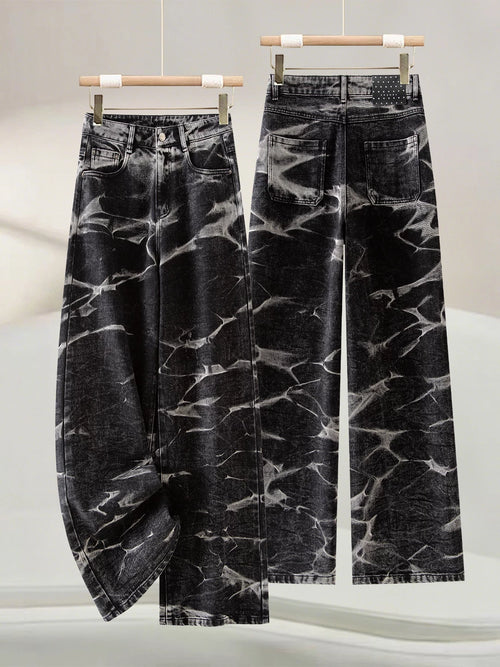American Cool Sa Style Tie-Dyed Wide-Leg Jeans for Women, 2026 New Autumn High-Waisted, Loose-Fitting, Lightweight Straight-Leg Pants
