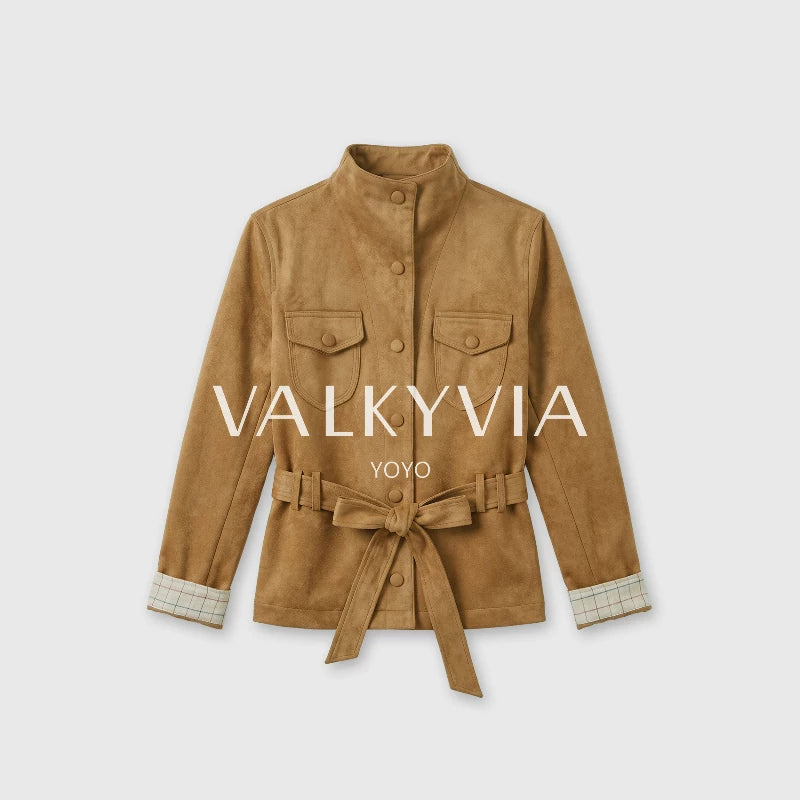 [Valkyvia/Yoyo] Vintage stand-up collar lace-up waist plaid flanged temperament jacket 6379