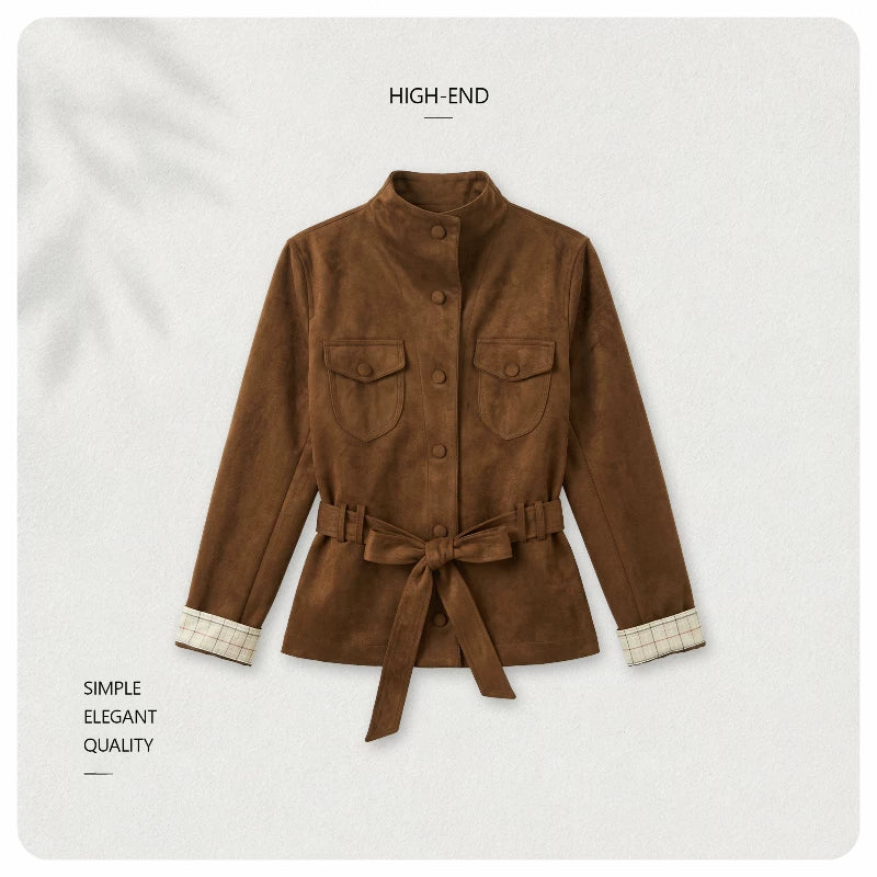 [Valkyvia/Yoyo] Vintage stand-up collar lace-up waist plaid flanged temperament jacket 6379