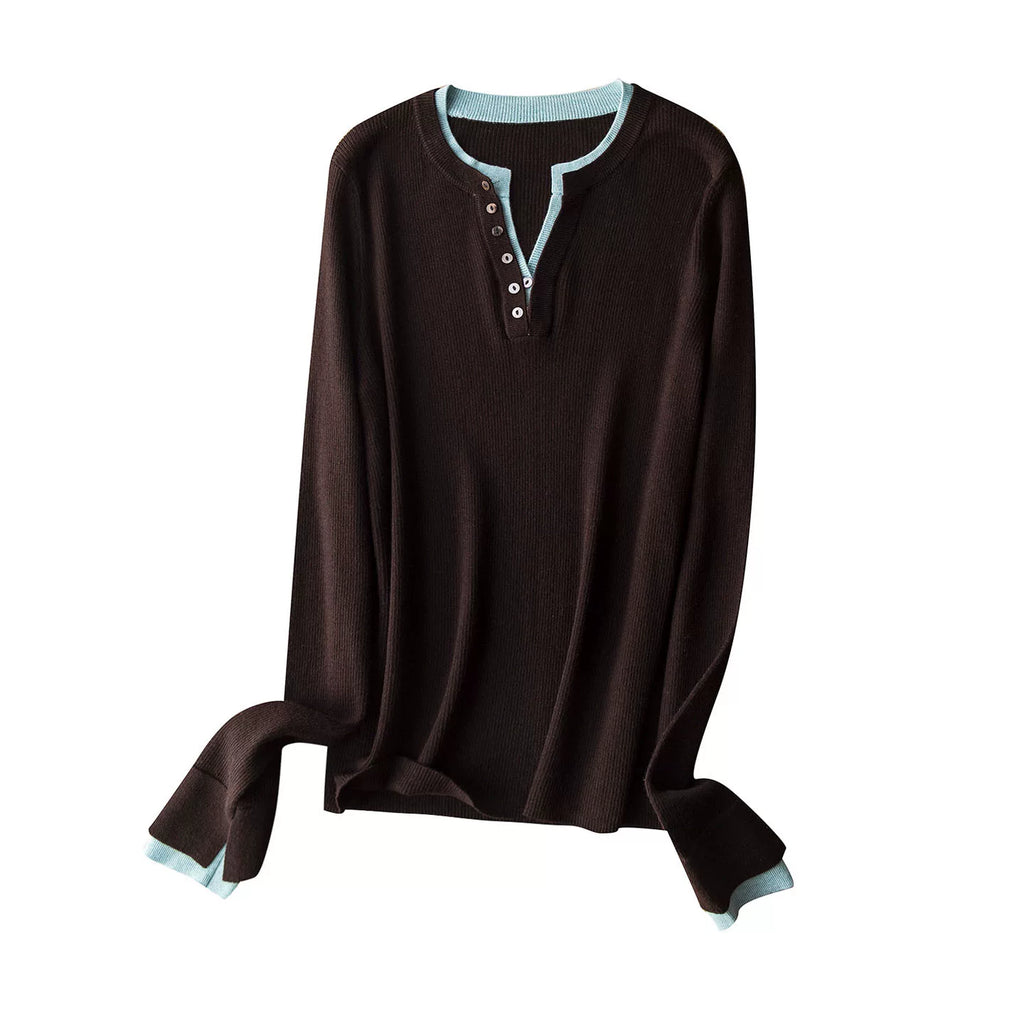 Stylish and Slimming! Double V-Neck Color-Block Faux Two-Piece Layered Base Top, Slim-Fit Soft Wool Knit Undershirt for Women