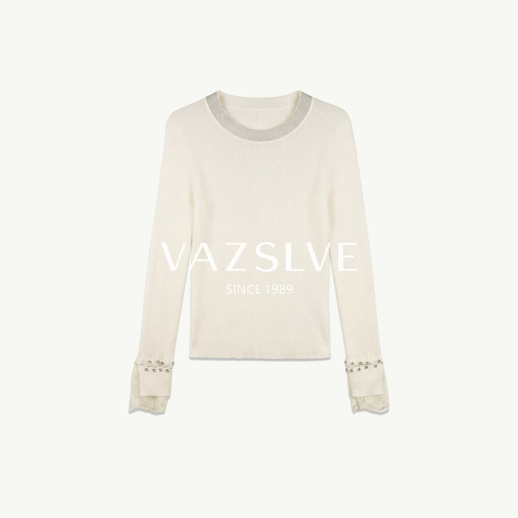 【VAZSLVE/全新奢品】捡漏羊毛轻奢气质喇叭袖钉珠针织上衣363138