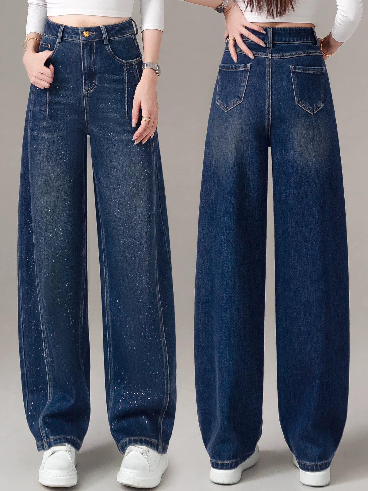 بنطلون جينز نسائي واسع بطابع فاخر وبسيط، بلون برونزي لامع، بقصة فضفاضة ومنسدلة، جديد لخريف 2026