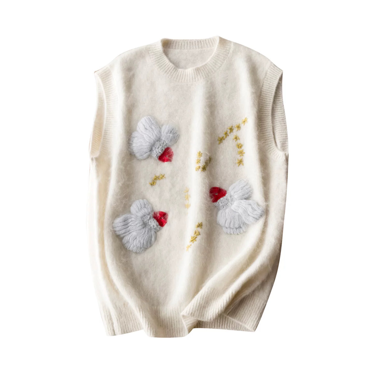 Atmospheric Layering Heavily Embroidered 3D Little Goldfish Wool Cashmere Silk Brushed Round Neck Knit Vest