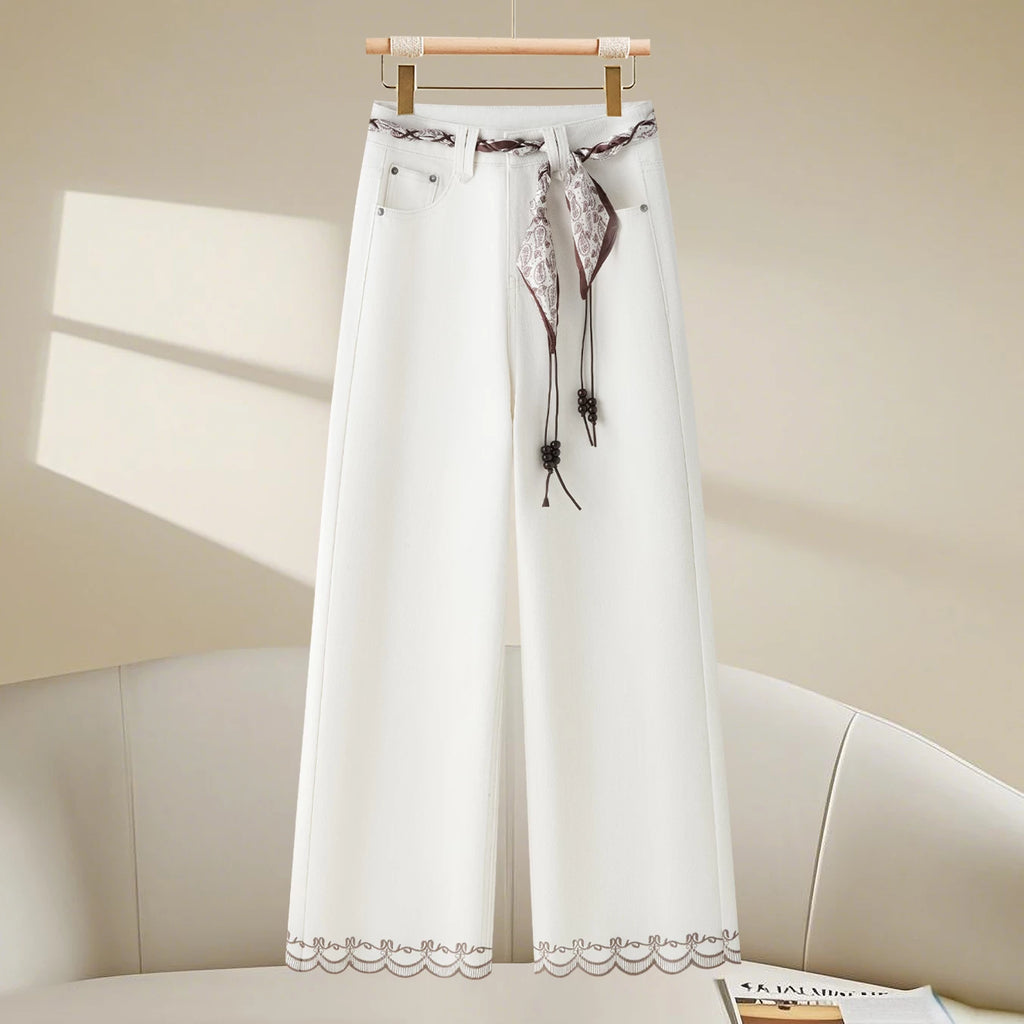 Age-reducing lace embroidered wide-leg jeans women's 2026 autumn new small high-waisted and thin nine-point straight-leg pants