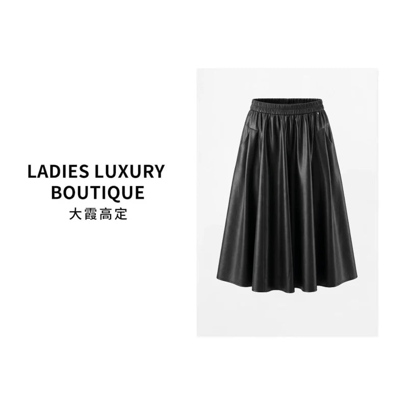 [Daxia haute couture] تنورة شمسية على شكل حرف A من الجلد الناعم غير اللامع بخصر مطاطي وجيوب 263425