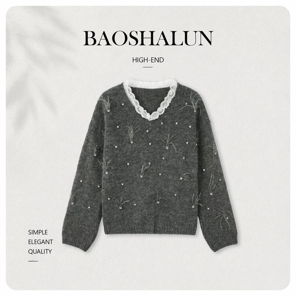 [Valkyvia/Yoyo] Wool lace feather rhinestone embellished crew neck sweater 263408