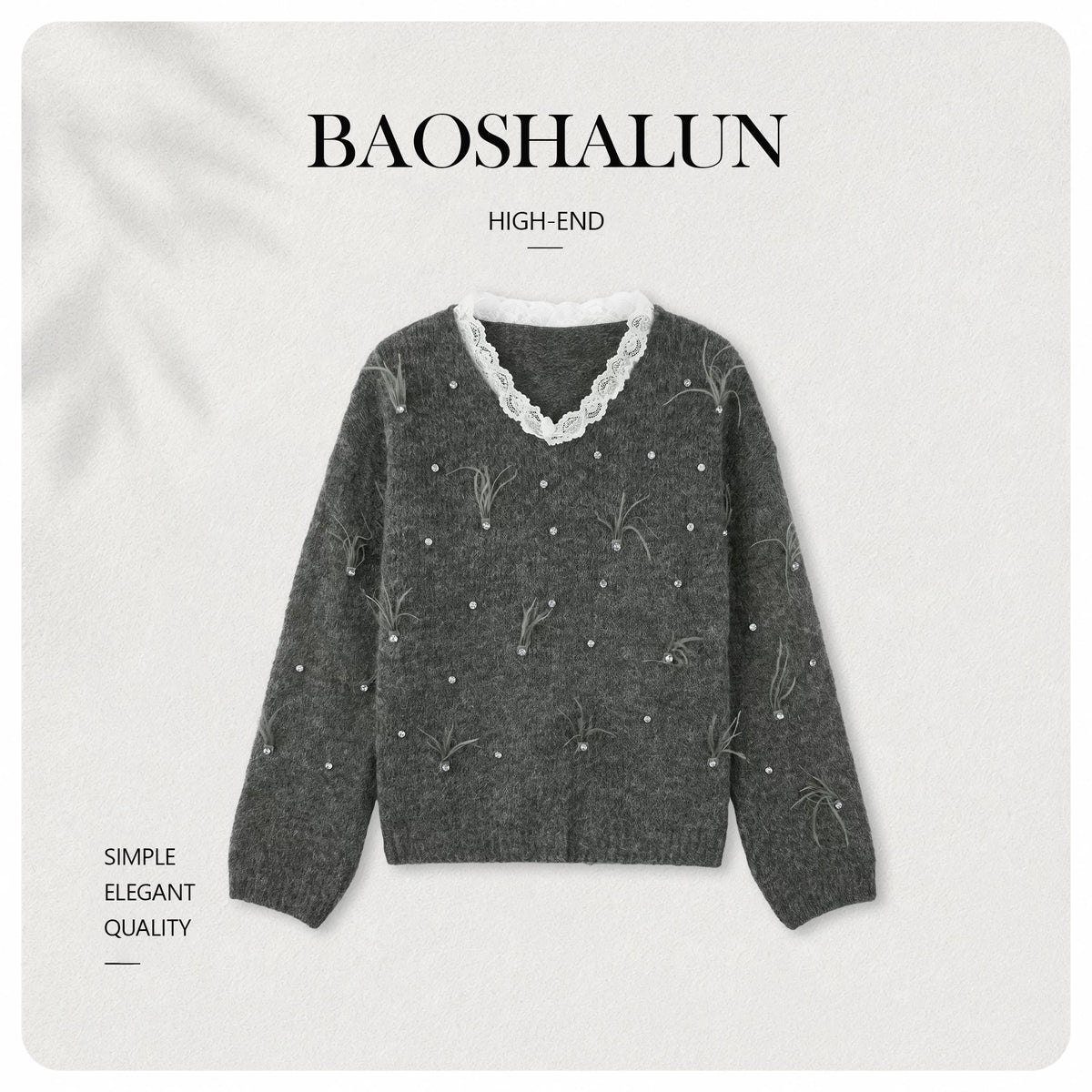 [Valkyvia/Yoyo] Wool lace feather rhinestone embellished crew neck sweater 263408