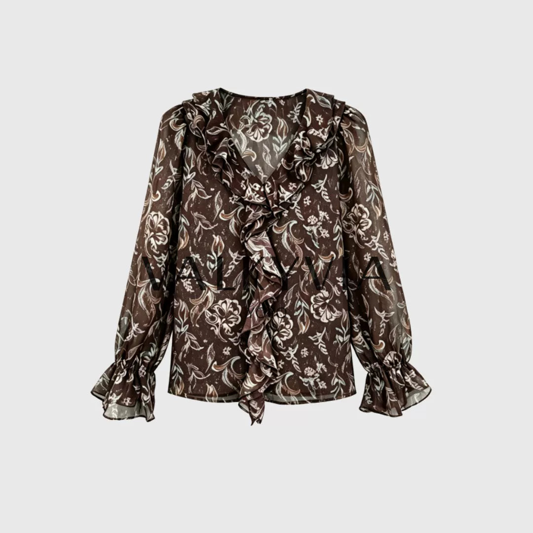[Valkyvia/Yoyo Luxury] French ruffle edge V-neck silver silk fine flash top 363208