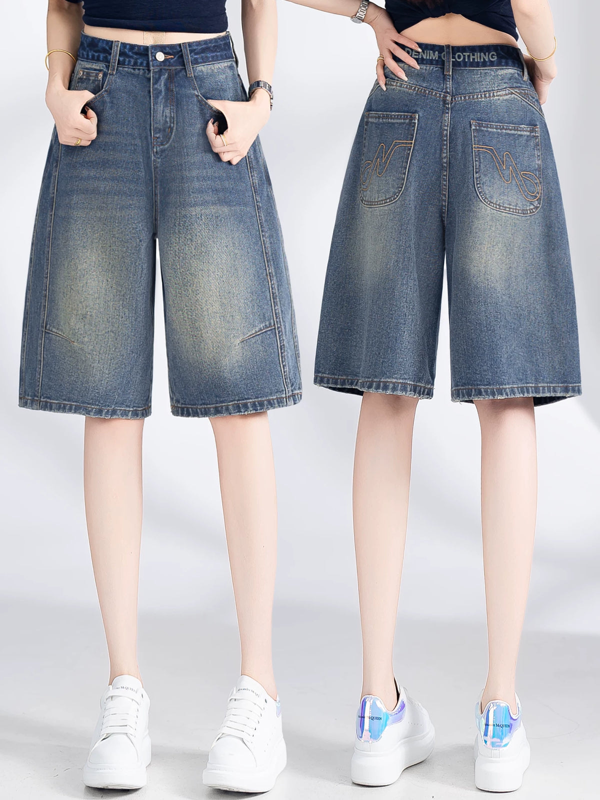 Hong Kong style nostalgic high-waisted denim shorts women's 2026 summer new high-waisted and thin hip-covering versatile wide-leg five-point pants
