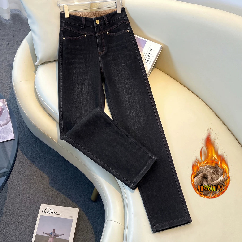 Retro velvet warm high waist thin pants children's 2026 winter new slim-fit elastic radish jeans