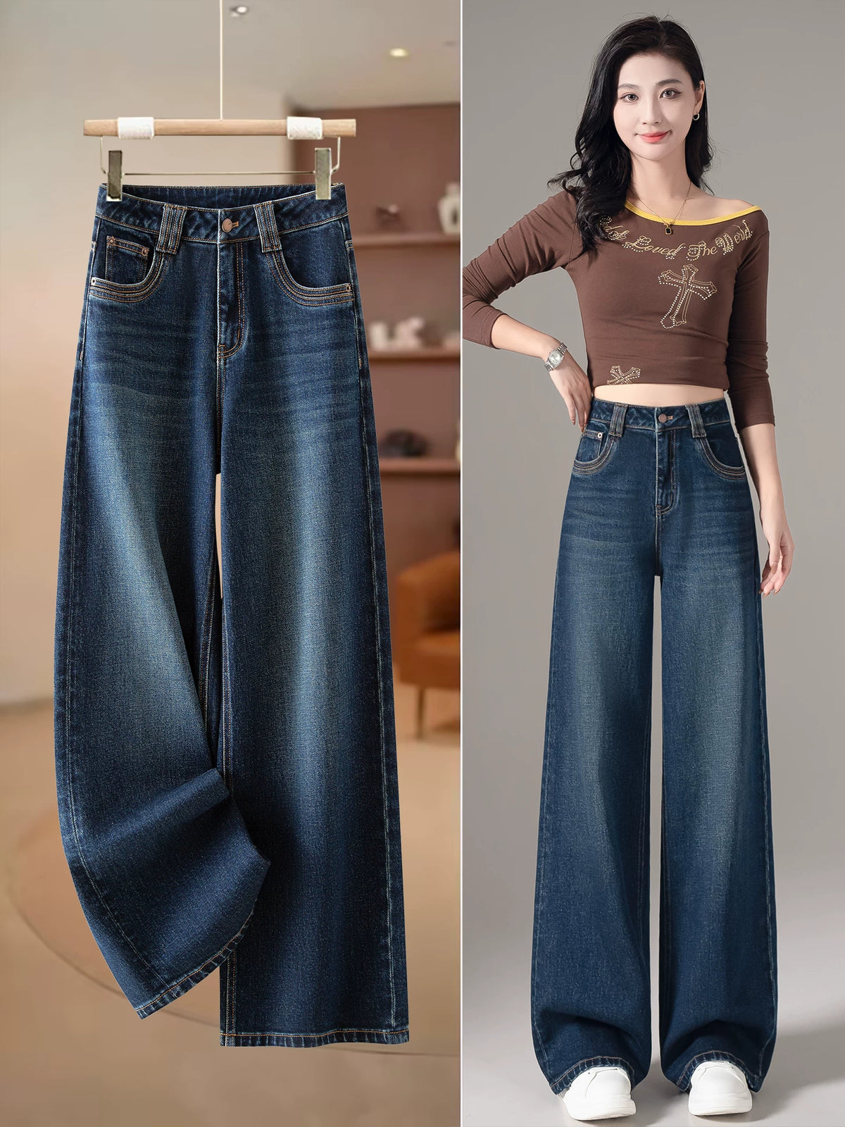 Retro casual straight-leg jeans women's 2026 autumn new great-looking loose hip-covering high-waisted wide-leg pants