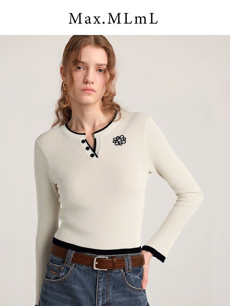 [Mina Exclusive] Sheep wool flower embroidery contrasting color trim V-neck knitted shirt M2506058