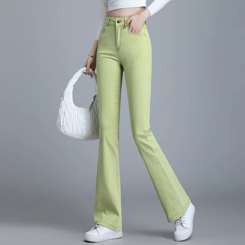 Super fire retro pink micro-pull jeans women's 2026 autumn new high-waisted slim-fitting horseshoe horn pants