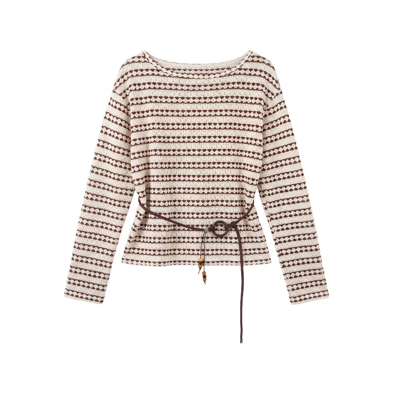 [Valkyvia/Yoyo] Lazy Striped Hollow Crew Neck Contrasting Knitted T-Shirt 963053