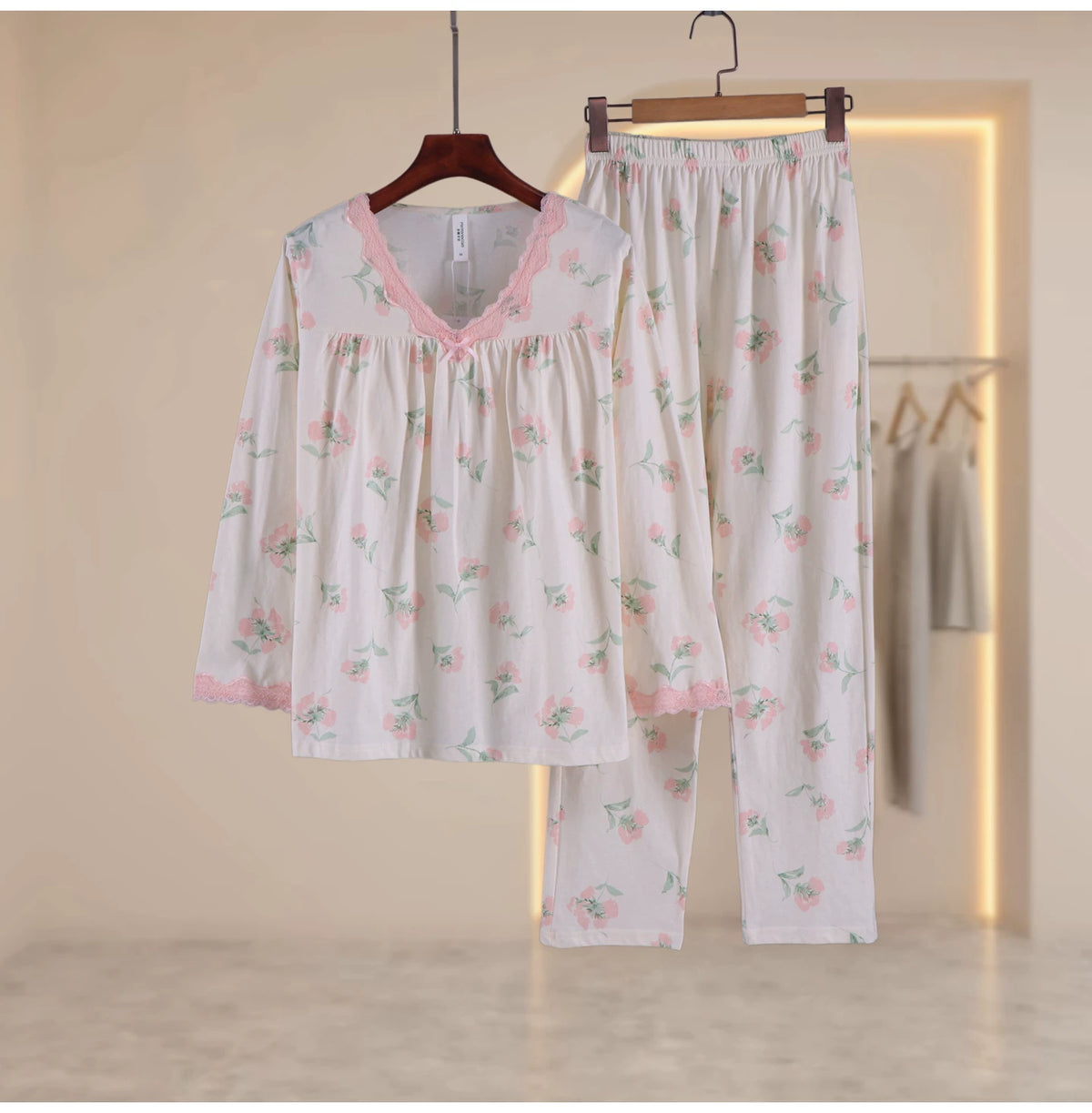 Women's 100% Cotton Pajama Set – Long Sleeve V-Neck with Lace Trim & Bow, Matching Floral Pants