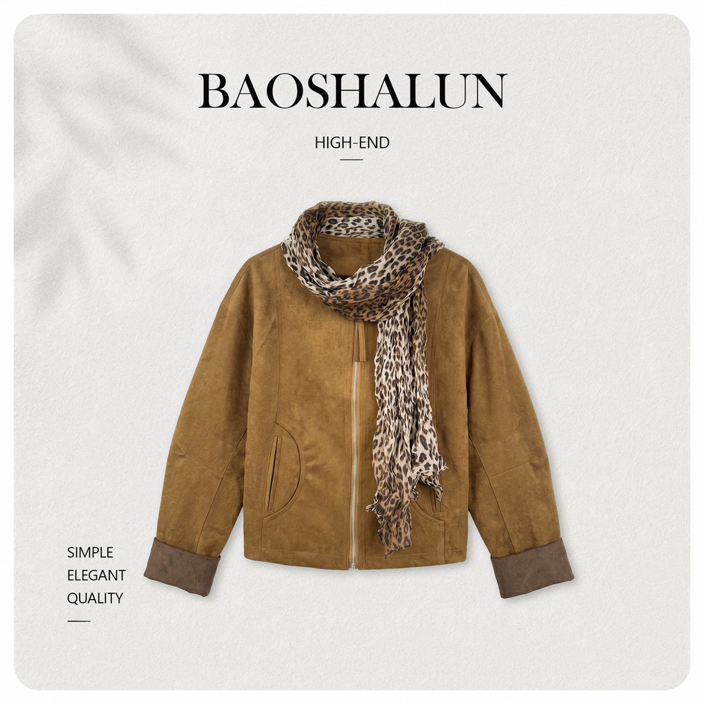 [Bin Bin Exclusive] [Leopard Print Brown] Retro round neck zipper leopard print scarf loose coat 263365