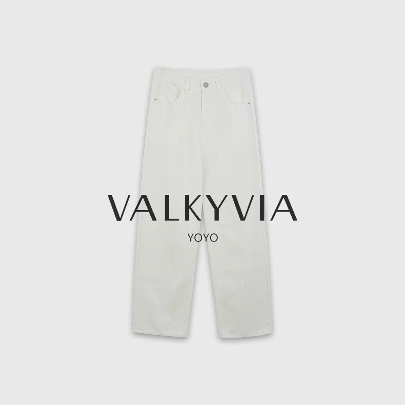 [Valkyvia/Yoyo] [Super White Bull] بنطلون جينز كوري مستقيم بخصر عالٍ M9610
