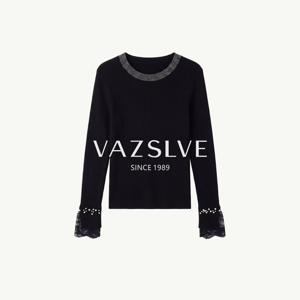 【VAZSLVE/全新奢品】捡漏羊毛轻奢气质喇叭袖钉珠针织上衣363138