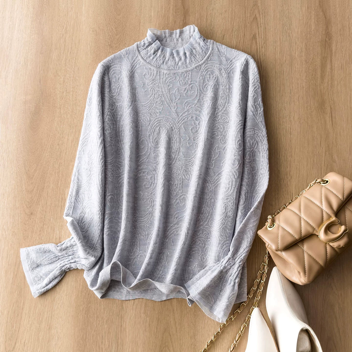 Gentle White Moonlight – So Easy to Style! Floral Lace Jacquard Knit Long-Sleeve Mock-Neck Base Layer for Women