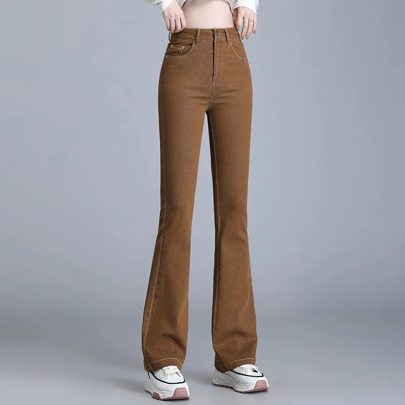 Super fire retro pink micro-pull jeans women's 2026 autumn new high-waisted slim-fitting horseshoe horn pants