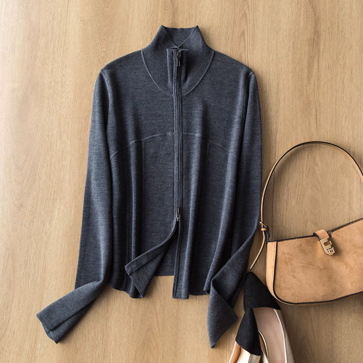 Casual Versatile 80-Count Ultrafine Merino Wool Zip-Up Stand-Collar Knit Cropped Cardigan Jacket
