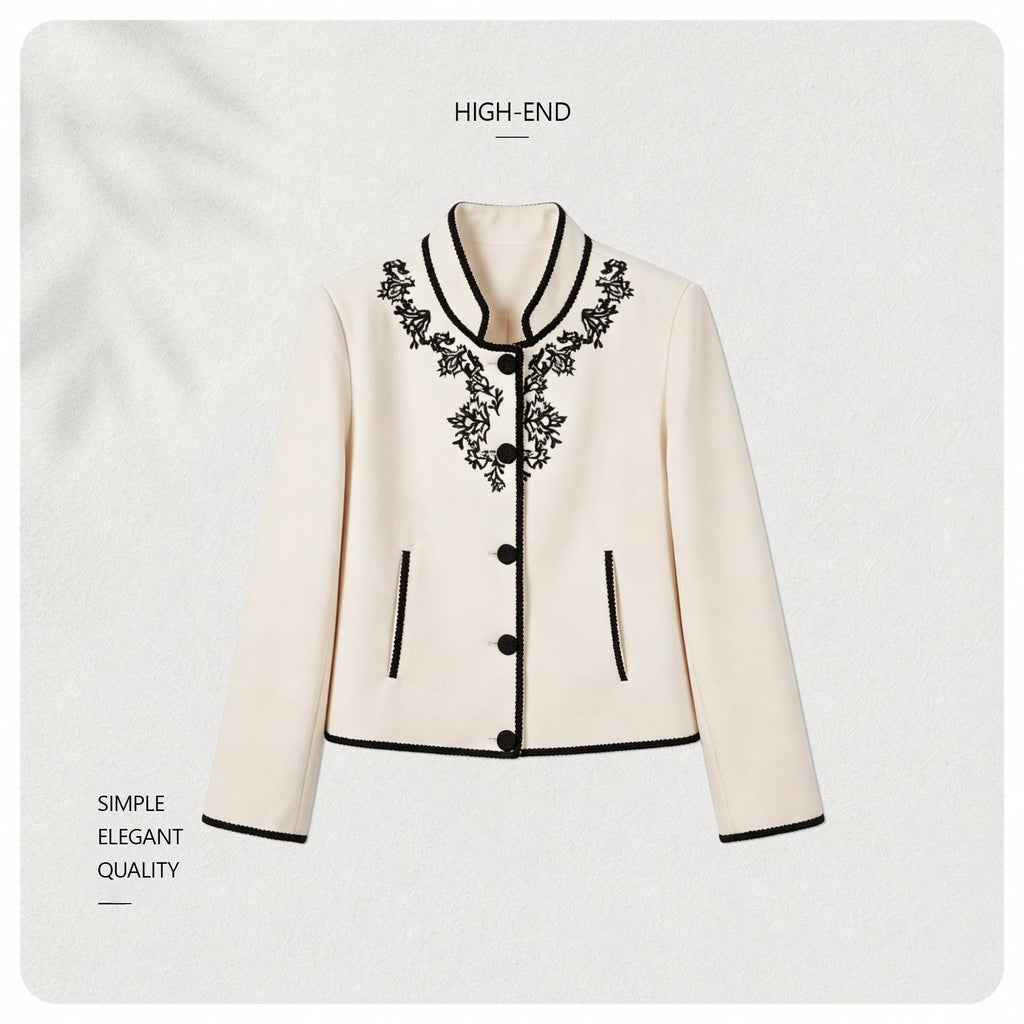[Recommended by Huahua] [Ink Embroidery Zhiyu] Elegant temperament Heavy industry contrasting color embroidery small stand-up collar jacket 363207