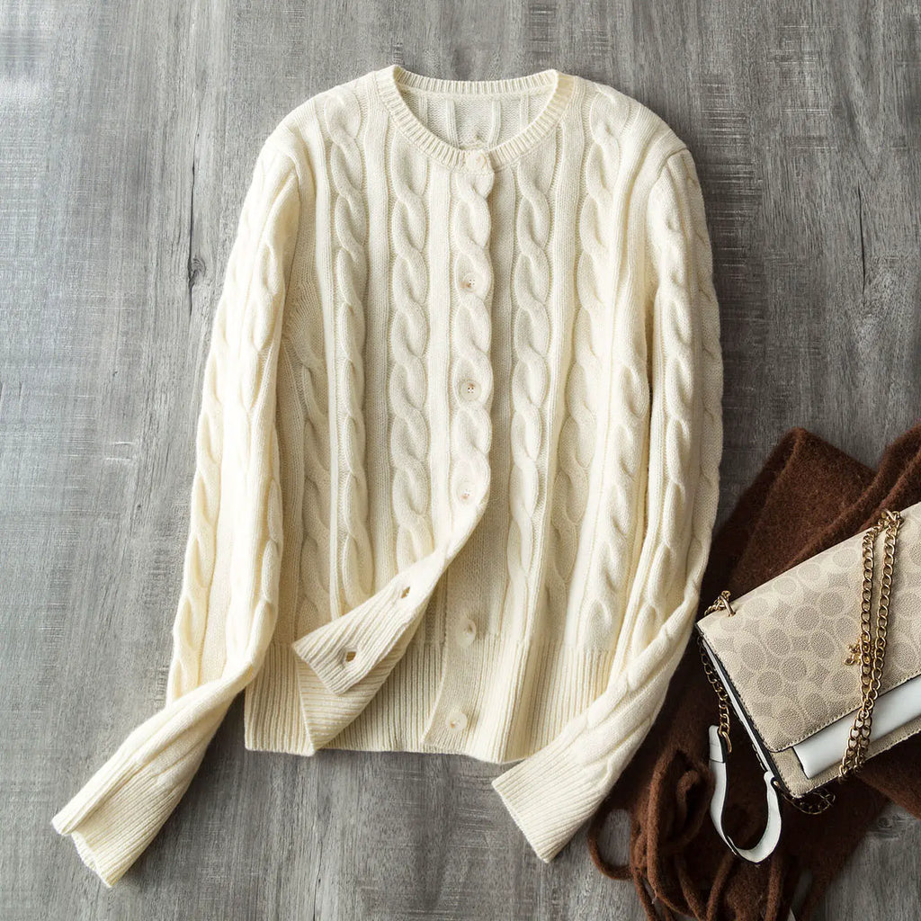 "Laf Cable-Knit Collection" Old Money Style Thickened 100% Wool Classic Cable-Knit Cardigan-Style Crew-Neck Knit Sweater