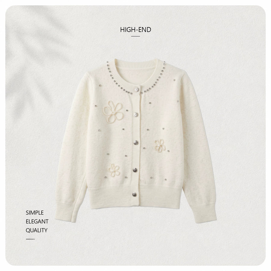 【Grey Fluffy Beaded Flower】Wool Beaded Flower Chanel-Style Round-Neck Sweater Jacket 263397